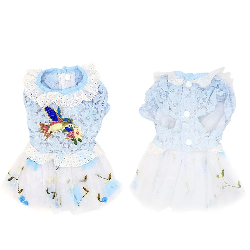 

Dog Dress Puppy Tutu Skirt Light Blue L/M/S Pet Party Summer Clothes Apparel With Lace Embroidery Bird For Small Dogs Cats