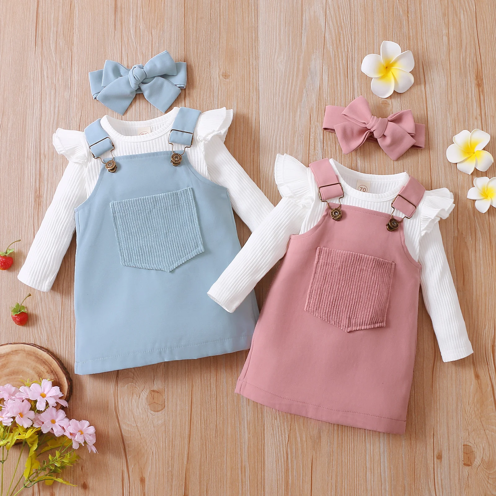 

0-18M Newborn Baby Girls Autumn Clothes Set Solid Long Sleeve O-neck Romper Tops+Pocket Suspender Skirt+Headband