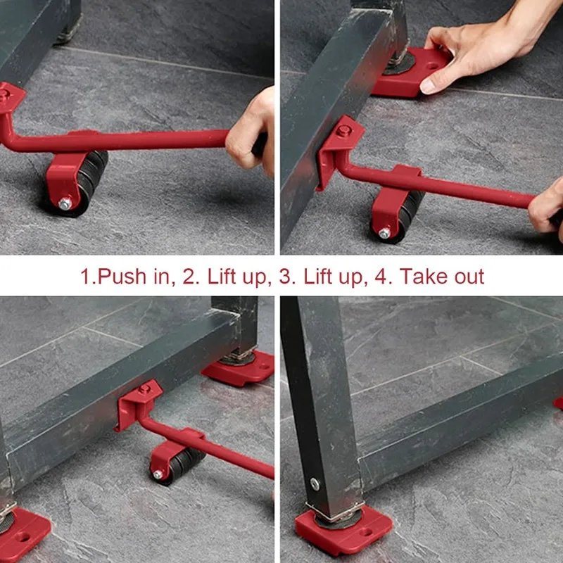 

5pcs/set Furniture Moving Transport Set 4 Mover Roller+1 Wheel Bar Furniture Transport Lifter Household Hand Tool Set