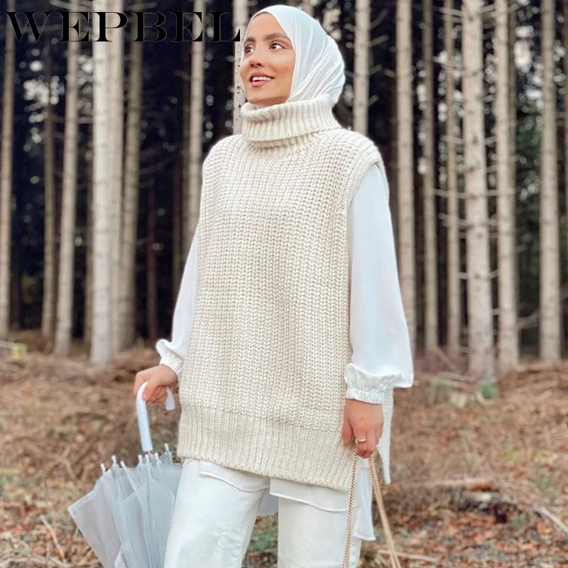 

Mandylandy Women Autumn Winter Loose Knitted Pullover Sweater Vest Top Lady Fashion Sleeveless Turtleneck Knitwear Outerwear