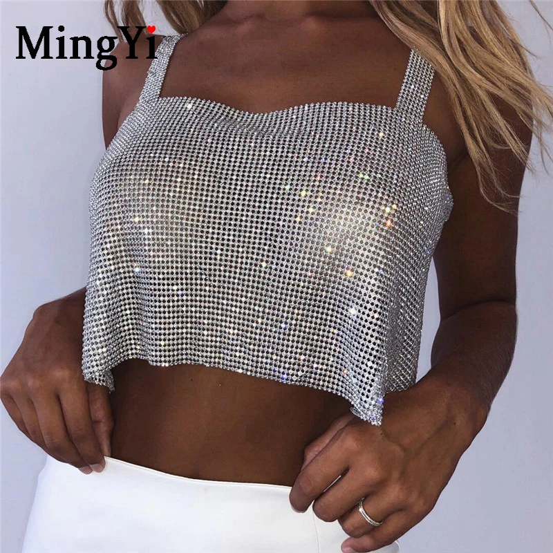 Кроп Топ женский Блестящий золотистый/серебристый со стразами и открытой