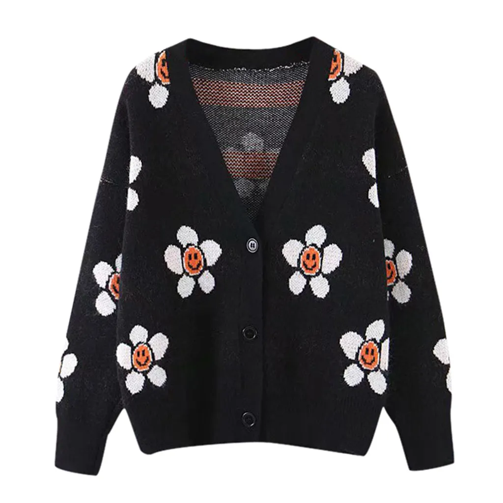 SAGACE Women's batch autumn and winter new lazy wind V-neck smiley face flower jacquard cardigan sweater Long sleeve |