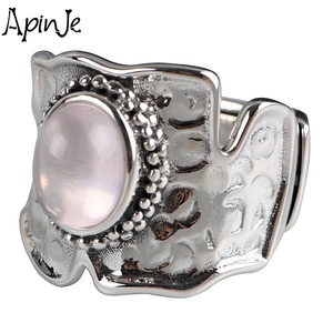 Apinje Vintage 925 Sterling Silver Open Ring for Women Stone Pink Crystal Fashion Ring Jewelry