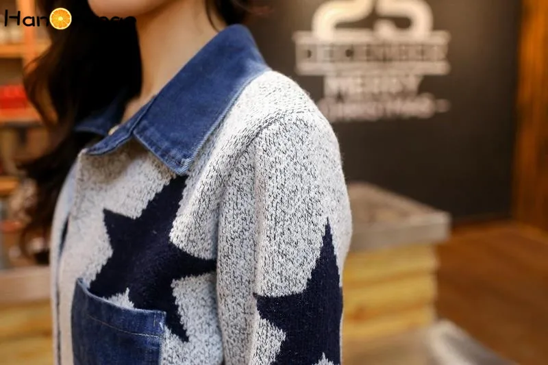 HanOrange Autumn Women Loose Knit Stars Long V-Neck Cardigan Sweater Coat |