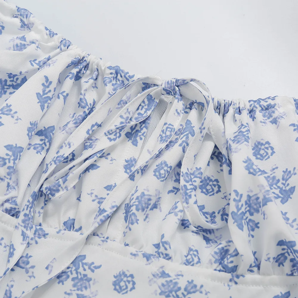 

Puff Sleeve French Dress Women High Split Floral Print Party Long Dresses Elegant Lace Up Sweet Summer Holiday Club Sexy Dresses