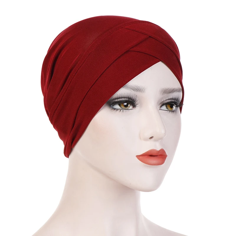 

Женский Эластичный Тюрбан, шапка с перекрестной головкой, хлопковая шапка, однотонный Мягкий головной платок, Новое поступление, модный мусульманский шарф, высокое качество