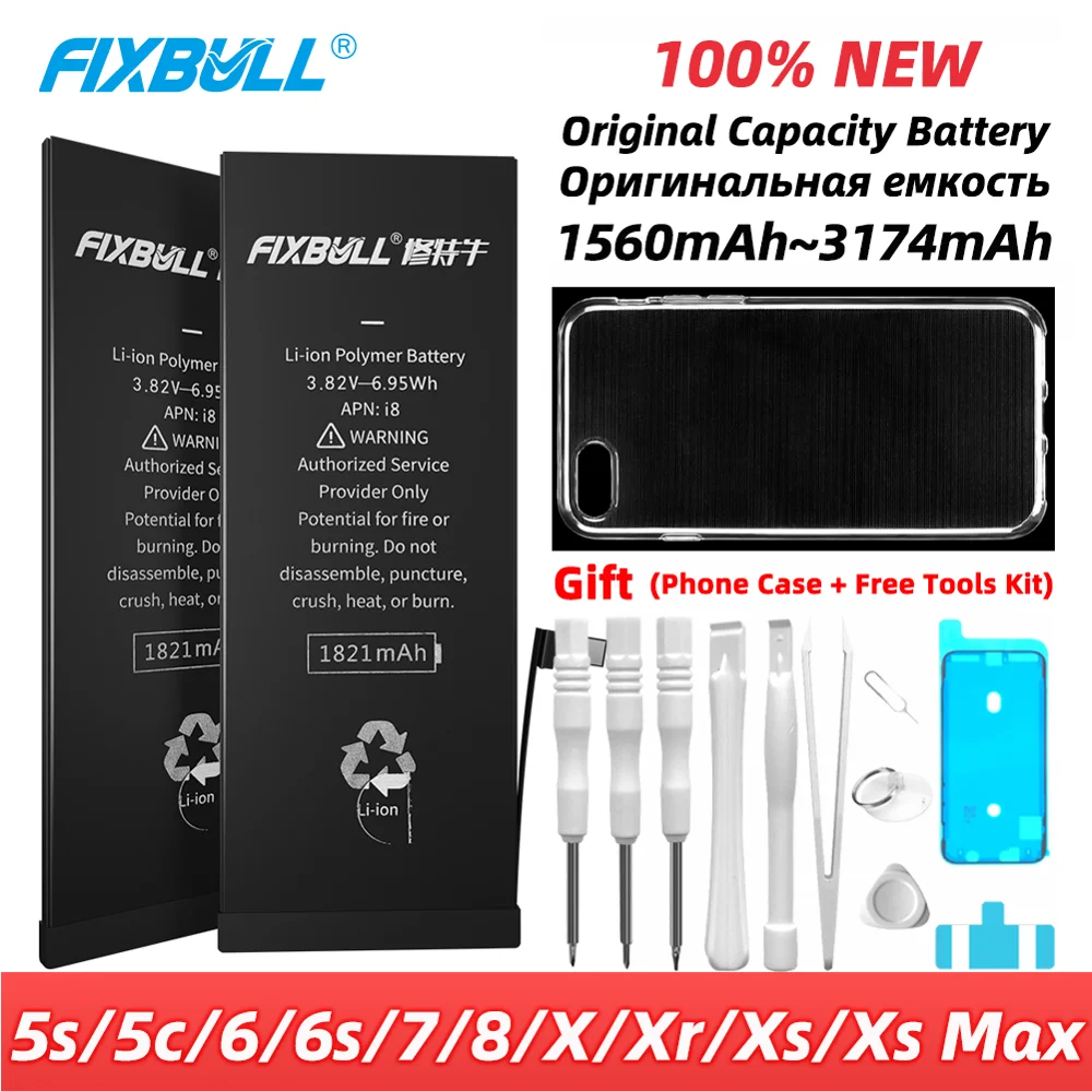 Оригинальный аккумулятор для телефона FIXBULL для iPhone 5s 5c 6 6s 7 8 X Xr Xs Max, сменный внутренний аккумулятор для iPhone8 iPhone6s, набор инструментов