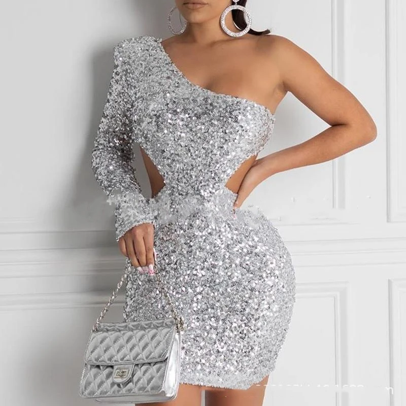 Bodycon party Dress Women Sparkle Sequin Club Dresses Puff Sleeve Silver Glitter Ladies Mini Off Shoulder Shiny 2020 | Женская одежда