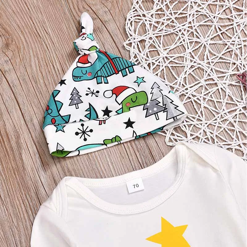

Autumn Spring Leisure Baby Girls Boys Romper Christmas Cartoon Letter Print Long Sleeve Romper Tops Trousers Hat Outfits