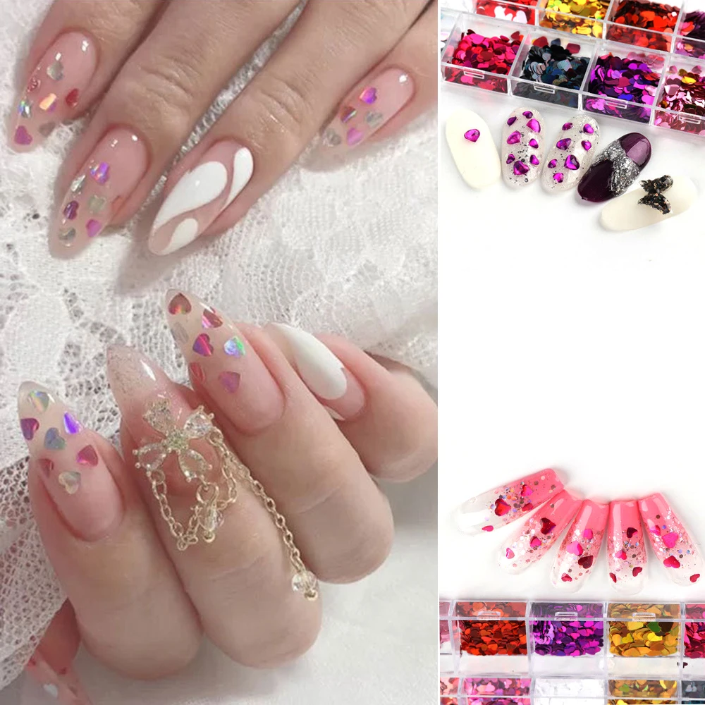 

12 Grids/Box Love Sequin Manicure Sliders Magic Laser Hearts Valentines Day Nail Art Mixed SizeThin Glitter Nails Charm JHKL3698