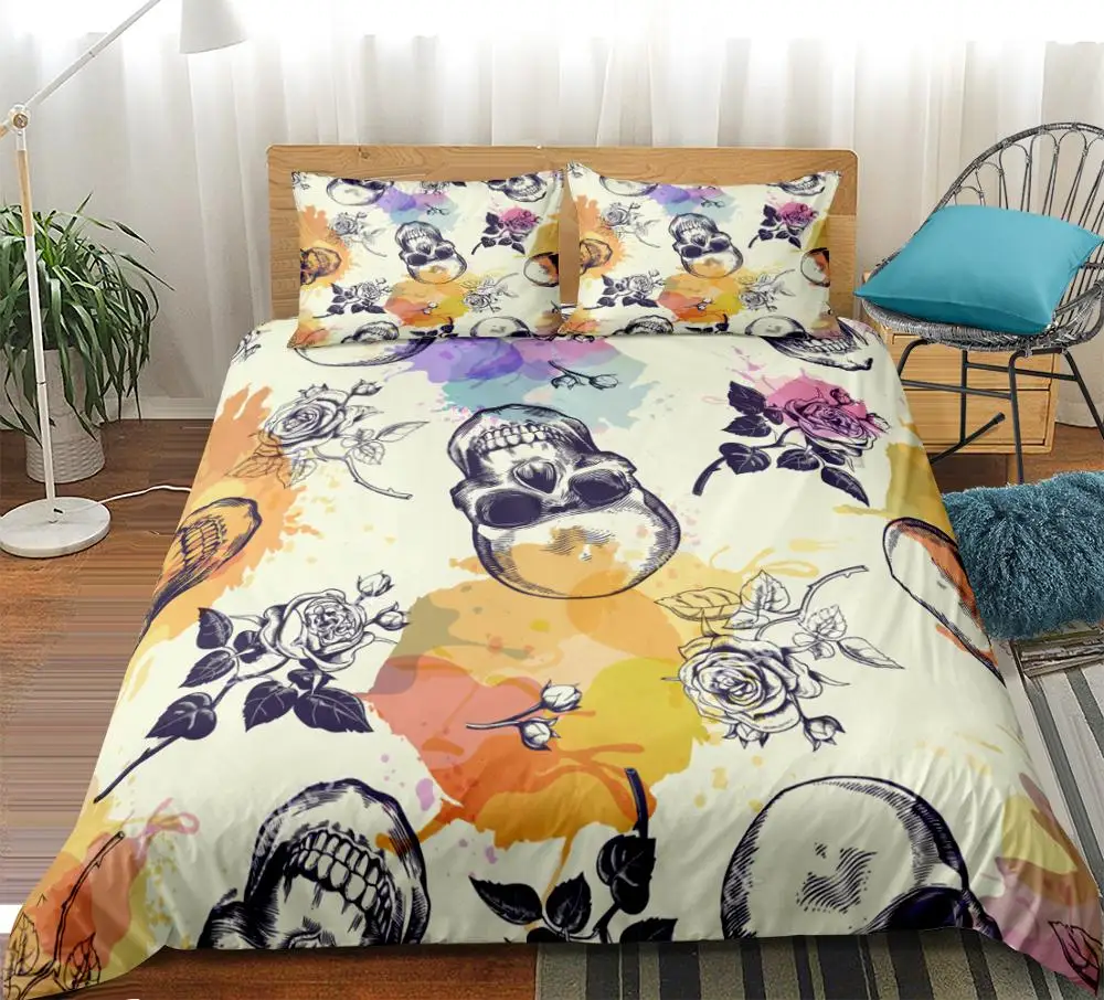 

Floral Skull Bedding Set Gothic Duvet Cover Orange Rose Bed Set Flower Bedclothes Splashing ink 3pcs queen king dropship