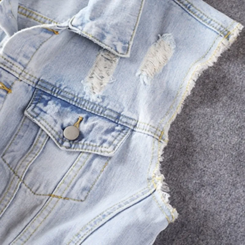 

Vintage Light Blue Denim Vest Men Japanese Hole Ripped Slim Fit Sleeveless Waistcoat Cotton Single Breasted Summer Mens Vests