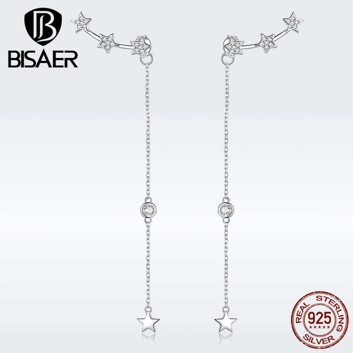 Серьги с кисточками BISAER 925 пробы серебро светящаяся звезда длинная цепочка