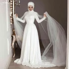 Элегантное мусульманское свадебное платье с длинными рукавами, новинка 2021, шифоновое платье-трапеция с высоким воротником и бисером для невесты, свадебное платье для невесты