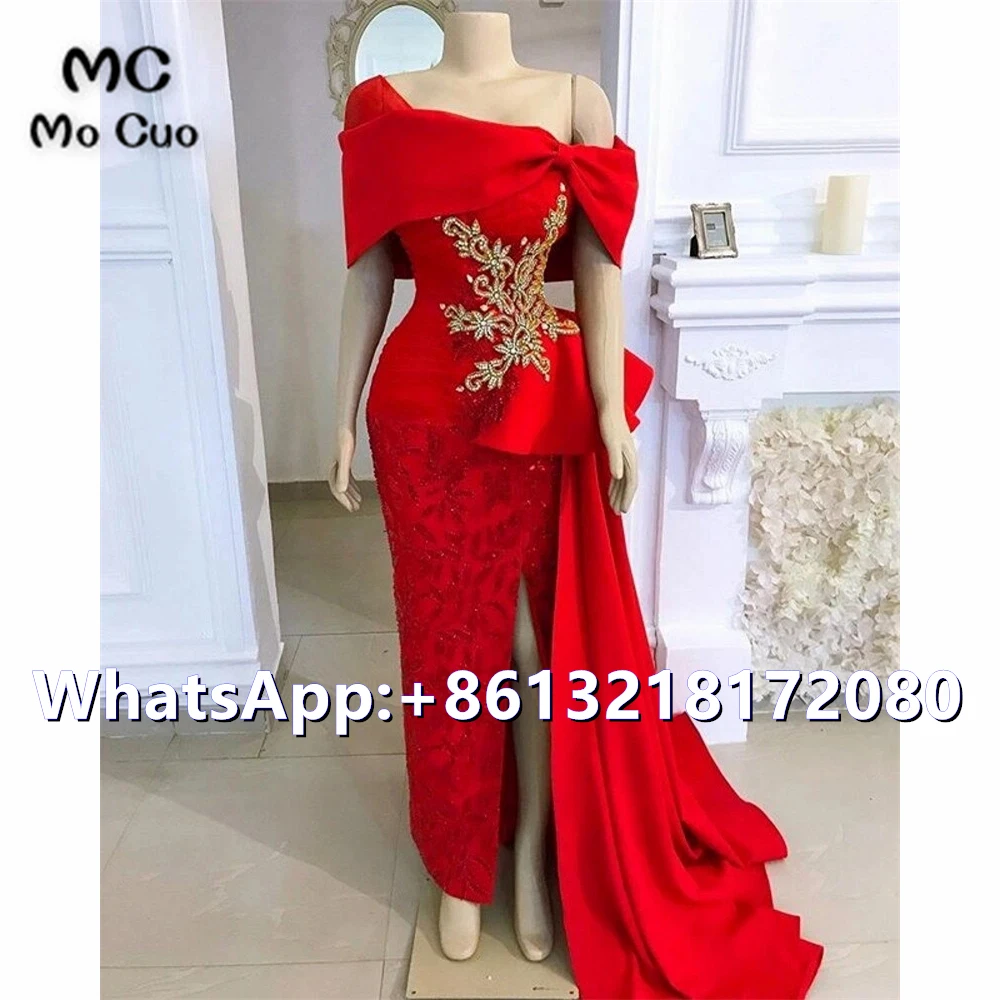 

2021 Sheath Red Off Shoulder Evening Prom Dresses Long Pleat Crystals Beaded Front Slit Robe De Soiree Evening Party Prom Dress