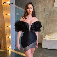 verngo black off the shoulder cocktail dresses short sleeves ruffles pleats mini sexy party gowns above knee prom dress 2021