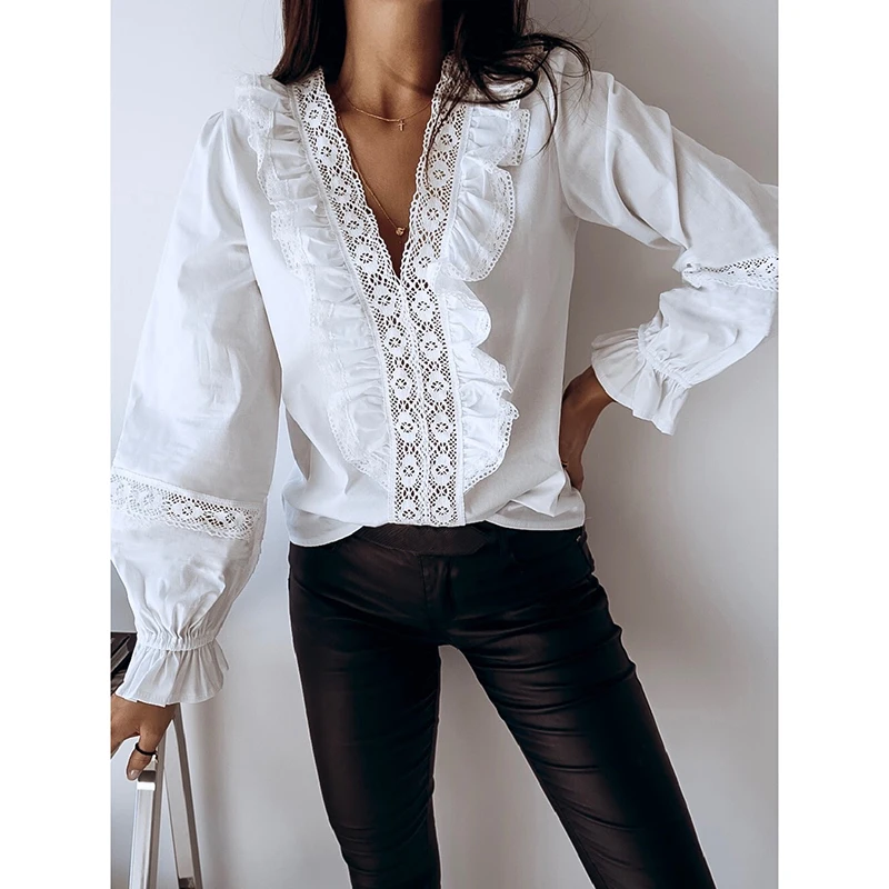 Женская Кружевная блуза составного кроя с глубоким V образным вырезом однотонная