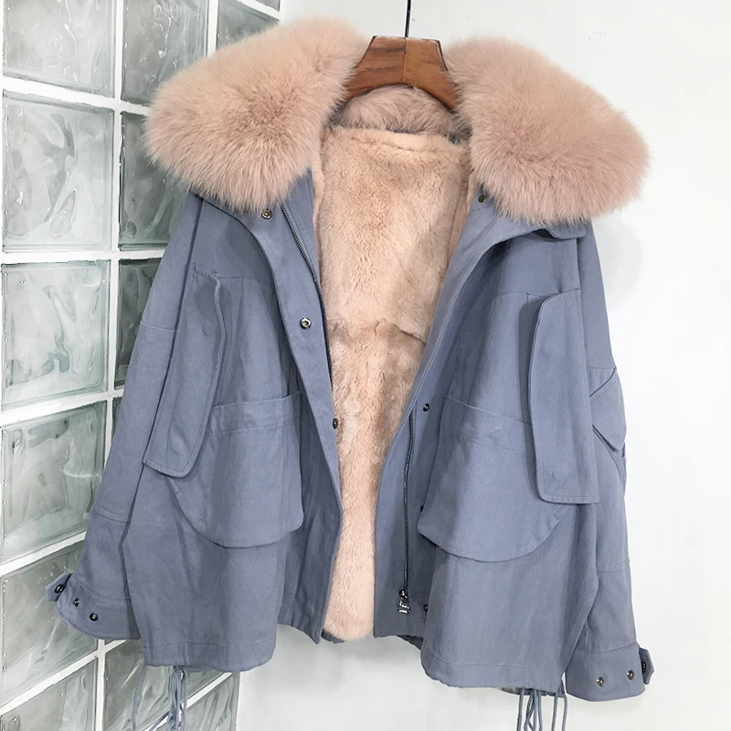 

2019 Safari Style Parka Real Fur Coat Winter Jacket Women Natural Fox Fur Collar Detachable Rex Rabbit Liner Loose Outerwear
