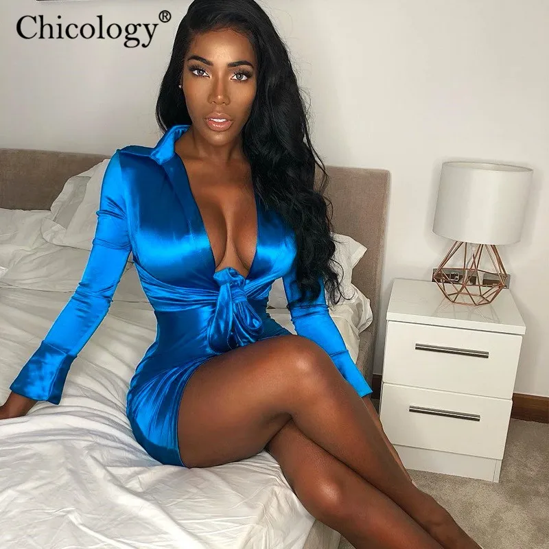 Chicology неоновое атласное атлас зашнуровать мини платье женское 2019 длинным рукавом