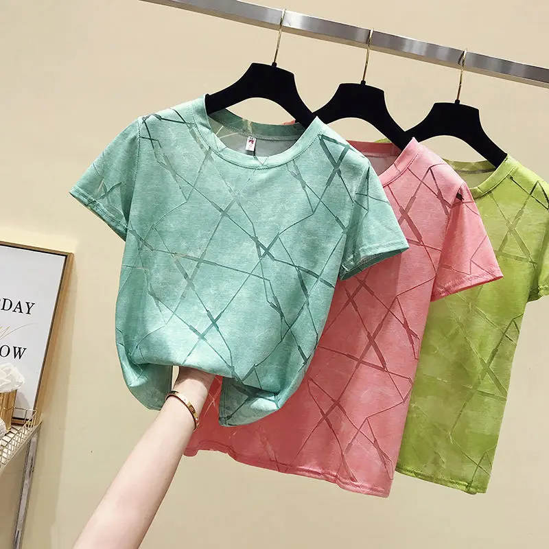 

Short sleeve T-shirt women's slim 2021 summer dress new heavy industry mesh personality hollow out versatile solid color top