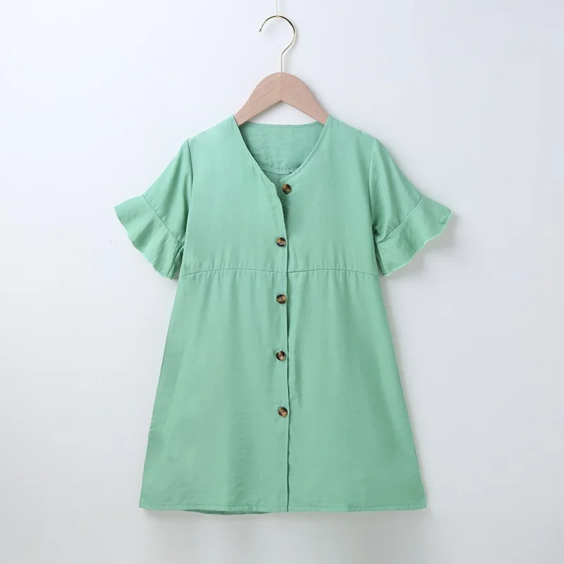

New Kids Clothes Summer Dress for Girl Solid Single Breasted Short Flare Sleeve Girl Dresses Sweet Casual Baby Girl Clothes 2-7Y