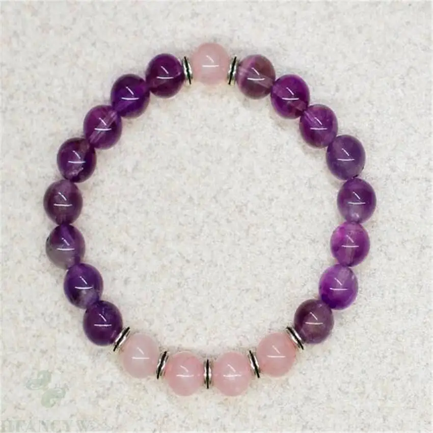 

8mm Rose Quartz Amethyst Gemstone Mala Bracelet 7.5 inches Chakras Reiki Bead Healing Pray Energy Monk Men Handmade Lucky