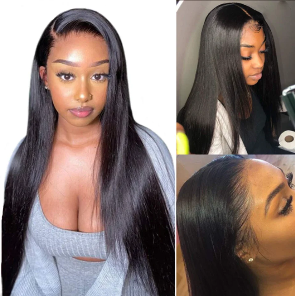 

180% 1B Colored 13XT Transparent Switzerland Lace Straight Long Human Hair Wigs For Black Woman