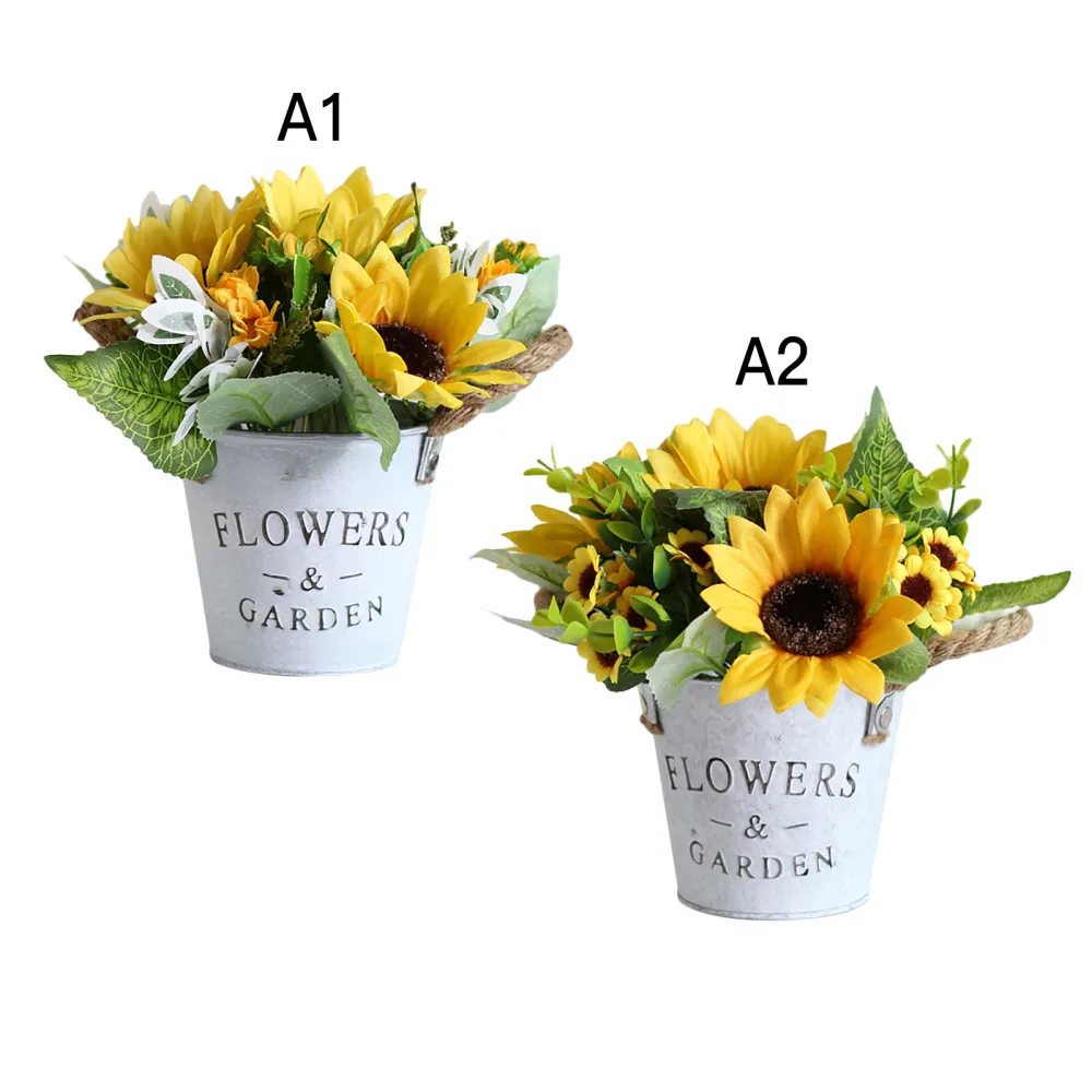 Fake Flowers In Metal Potted Ornaments Decorations Sunflower Thick Hemp Rope Retro Tin Bucket Vintage Simulation Bonsai | Дом и сад