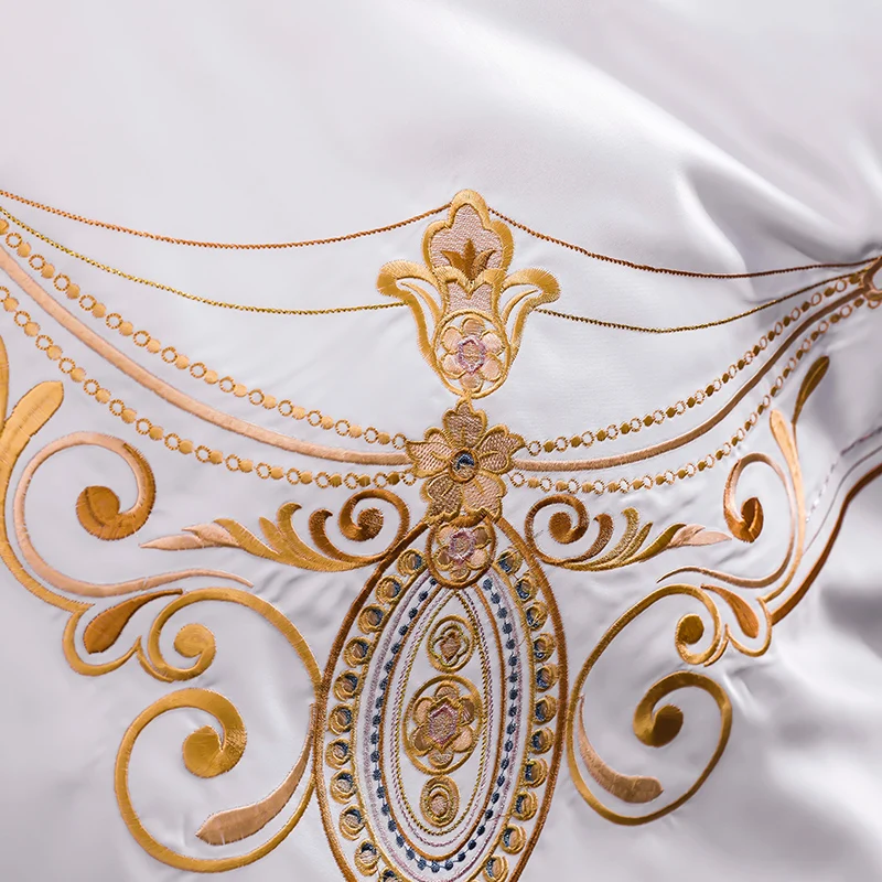 

White Soft Satin Silk Cotton Gold Embroidery European Palace Bedding Set Double Duvet Cover Bed Linen Fitted Sheet Pillowcases
