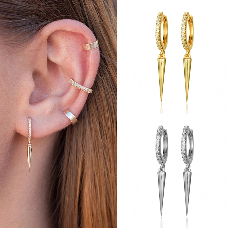 

925 sterling silver Spike hoop earrings, Cubic zirconias Huggie hoops with pendant,Hoops with charms, Charm earrings 2021Trend
