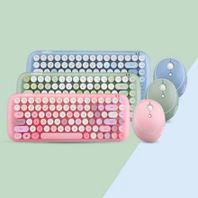 Cute Wireless Keyboard Set Mixed Candy Color Round Keycap Typewriter Keyboard and Mouse Comb for Laptop Notebook PC Girls Gift