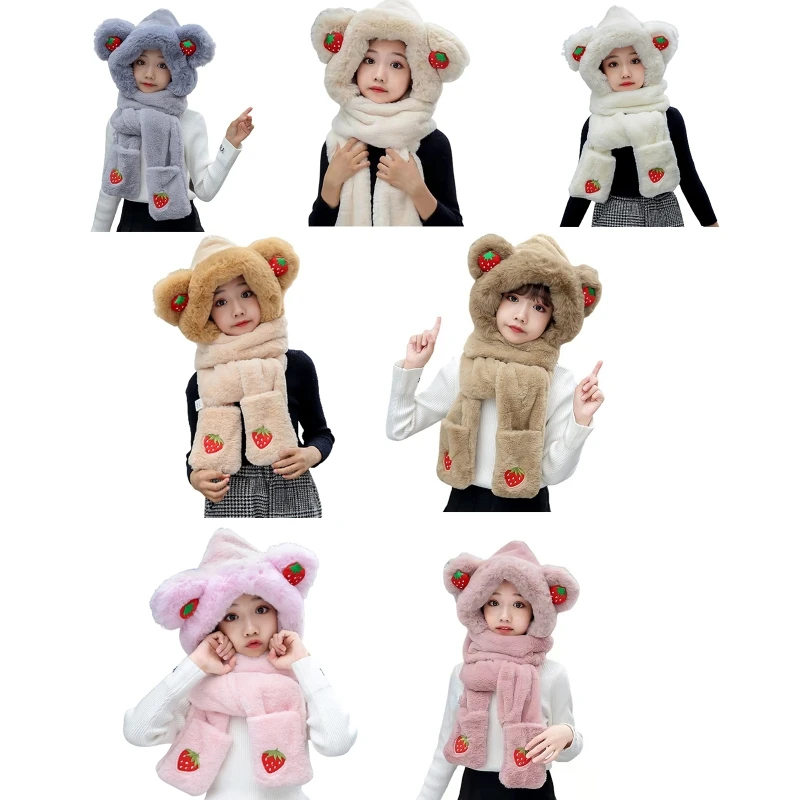 

4-14Y Fleece Warm Earflap Bear Ear Hat Scarf Hooded Scarf with Pocket Winter Hat Scarf Gloves Set Windproof 101A