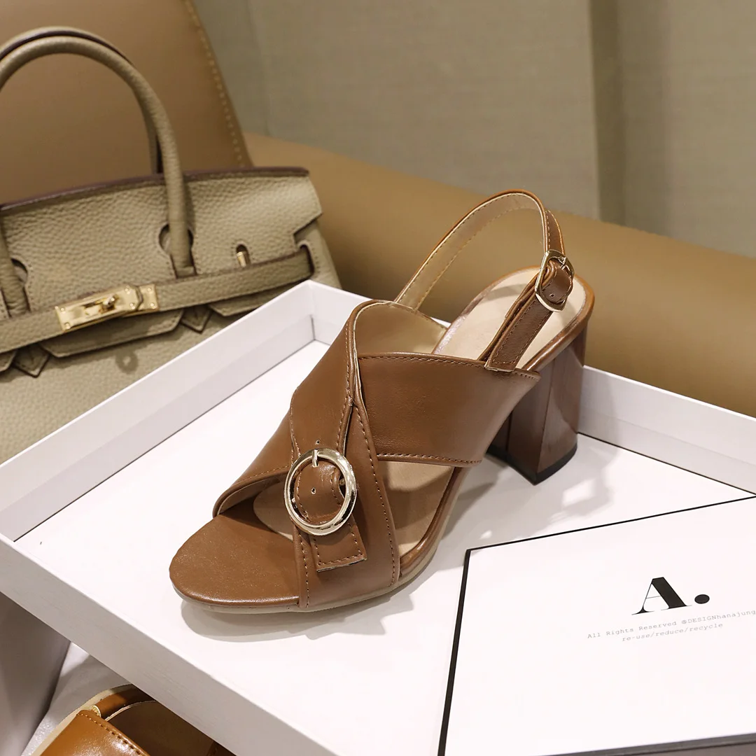 

Burgundy Fish Mouth Metal Decorative Breathable Sandals All-Match Thick High Heel Comfortable Temperament Office Women's Shoes