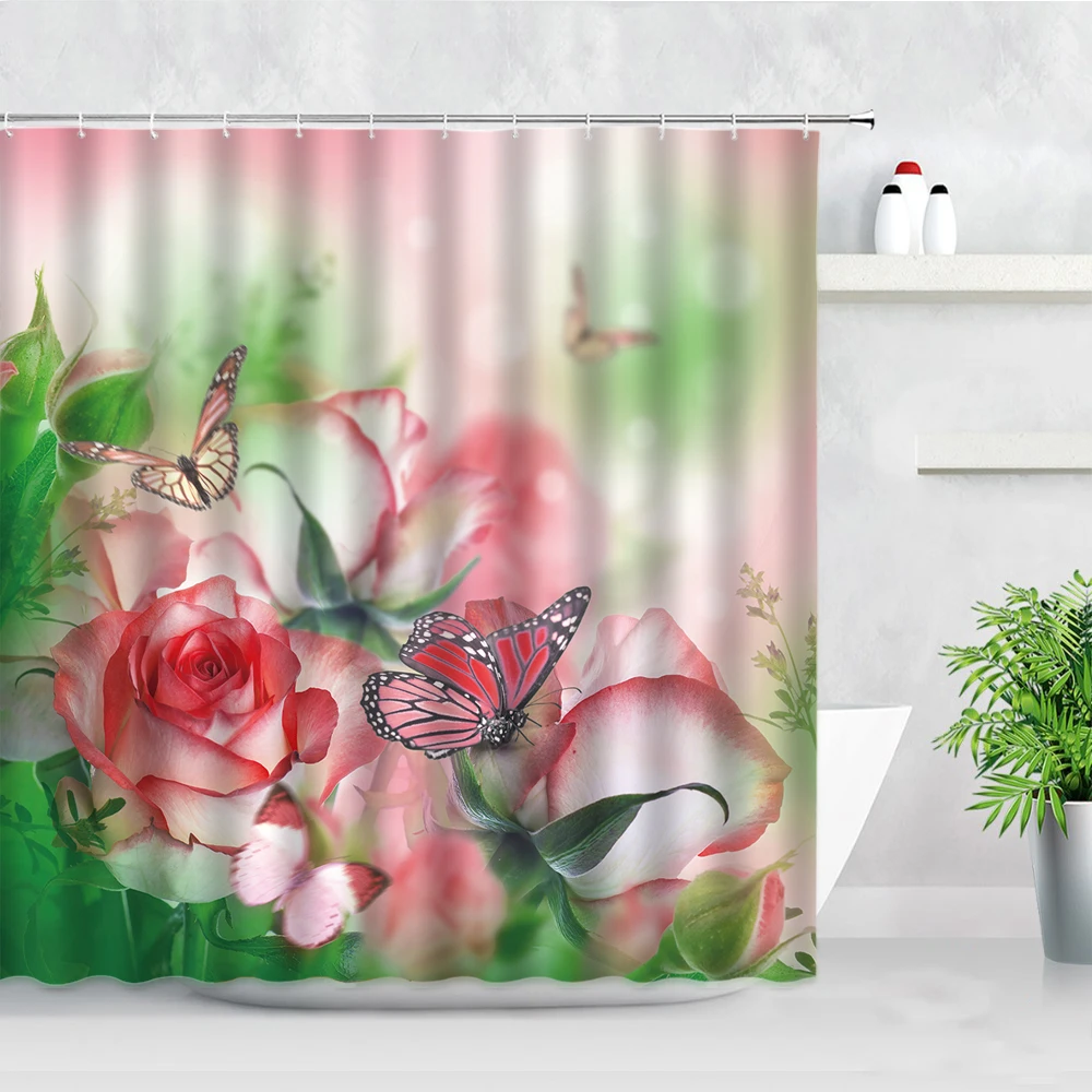 

Natural Floral Shower Curtain Waterproof Fabric Bathroom Curtains Pink Flowers Rose Butterfly Scenery Modern Home Bathtub Screen
