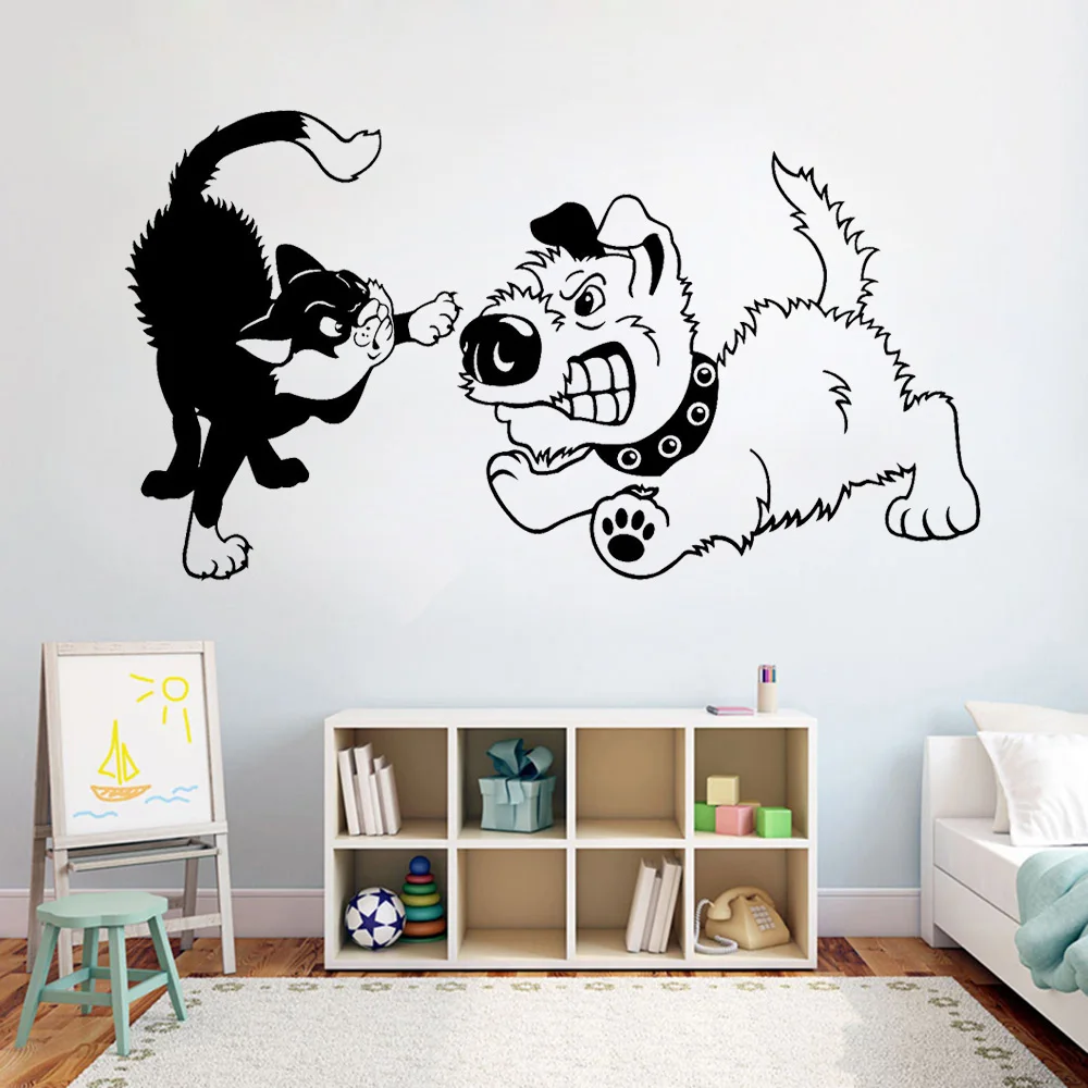 

Pets Funny Cool Decor Wall Decal Mural Bedroom Home Decor Cat Fighting With Dog Vinyl Wall Stickers for Kids Rooms G894