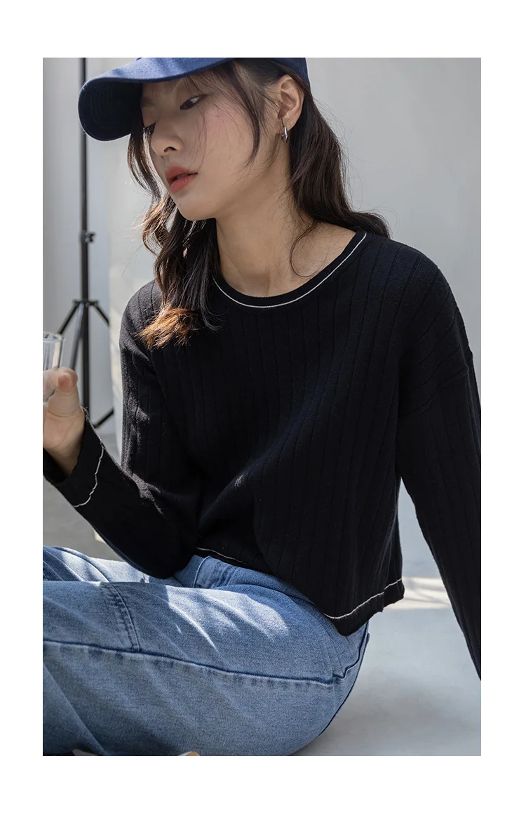 Женская футболка в полоску весна-осень 2021 Свободный Повседневный короткий топ с