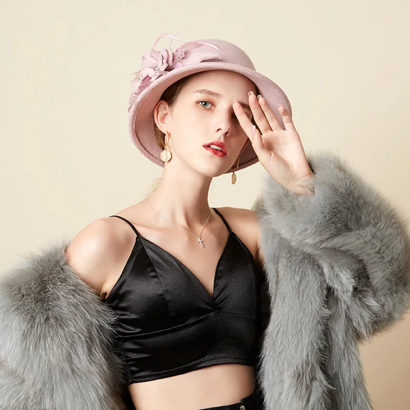 FS Винтаж для женщин Шерсть фетр Клош Федора шляпа элегантные дамы партии церкви