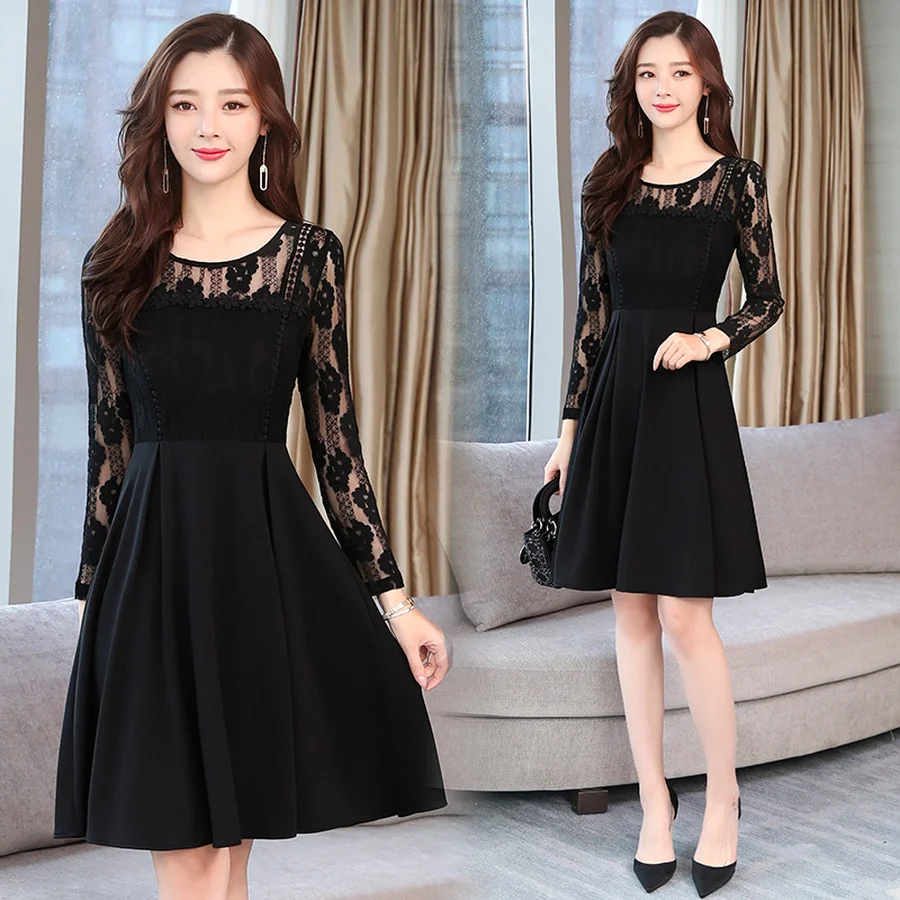 2021 в винтажном стиле Цвет Черный Кружевное платье с длинными рукавами миди