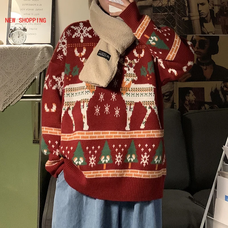 Свитер унисекс Рождественский с принтом оленей зимний красный зеленый | Мужская