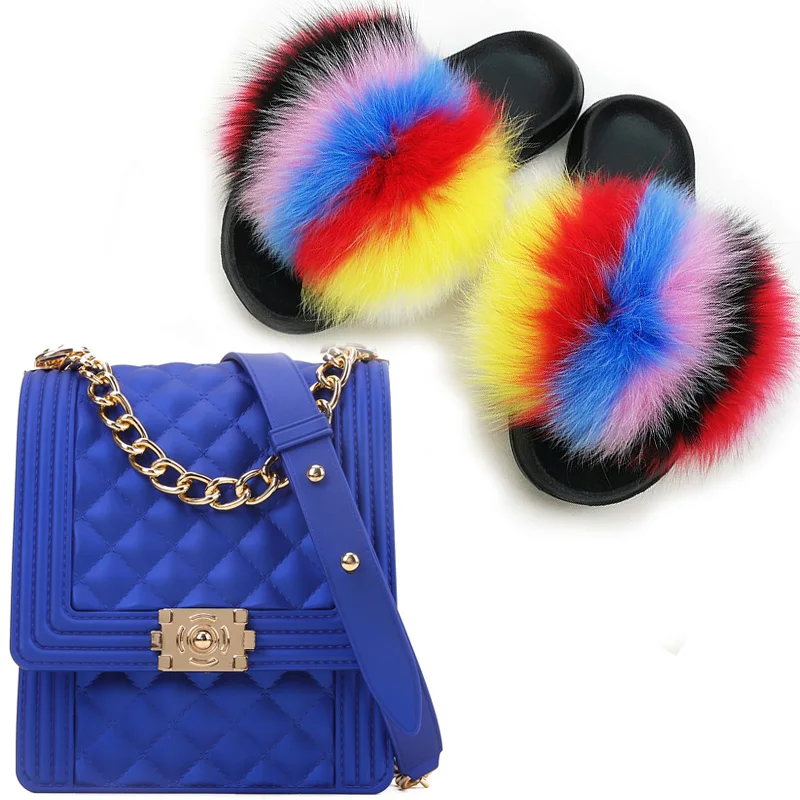 

GW Woman Jelly Shoulder Bag Shoes Sets Ladies Real Fox Fur Slippers Womens Raccoon Fur Slides Chain Candy Purse