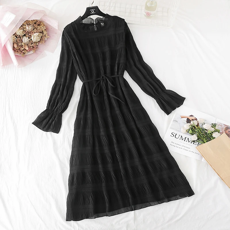 Women 2020 Spring Summer Pleated Beach Long Dress Black Vintage Party Ladies Dresses Korean Vestidos KJ5425 | Женская одежда
