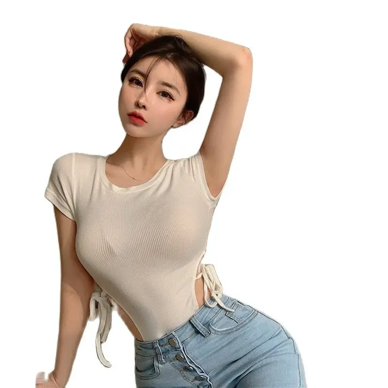 

Backstrom Women's Summer Sexy Strapless Short Bodysuit European American Style O-Neck All-Match Thin Short-Sleeve Solid CropTops