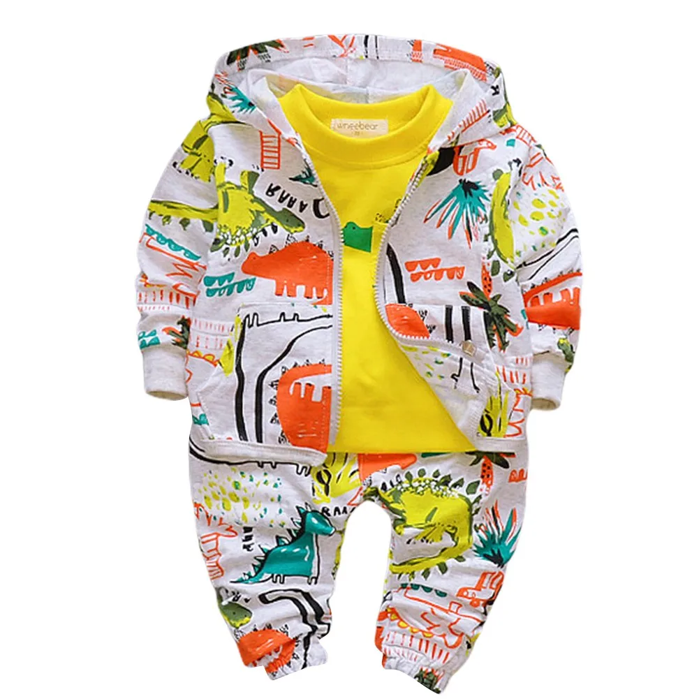 

3PCS/SET Spring And Autumn Boys Outfits Dinosaur Print Long Sleeve Tee + Long Sleeve Hoodie + Trousers Children Clothing