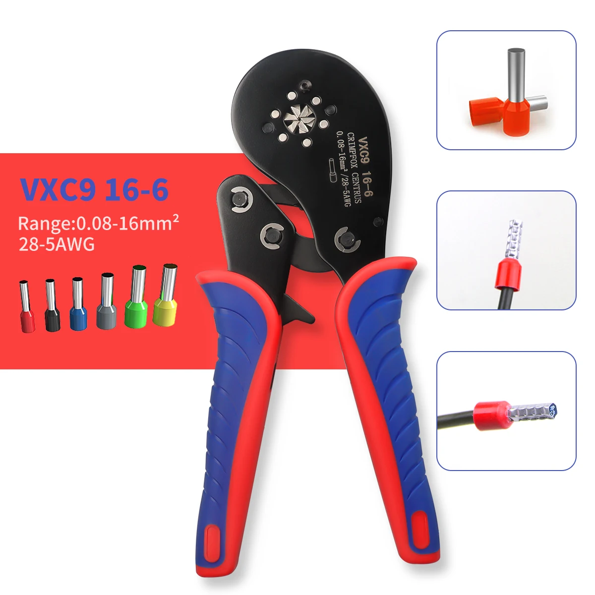 VXC9 16-6 Serrated Self-Adjusting Ratchet Crimping Tool, Used for Ferrule Crimping Tool with Wire Gauge of 0.08 -16mm2 28-5AWG