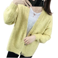 autumn new style small fresh short v neck knitted cardigan women fashion loose lantern sleeve sweater womens jacket