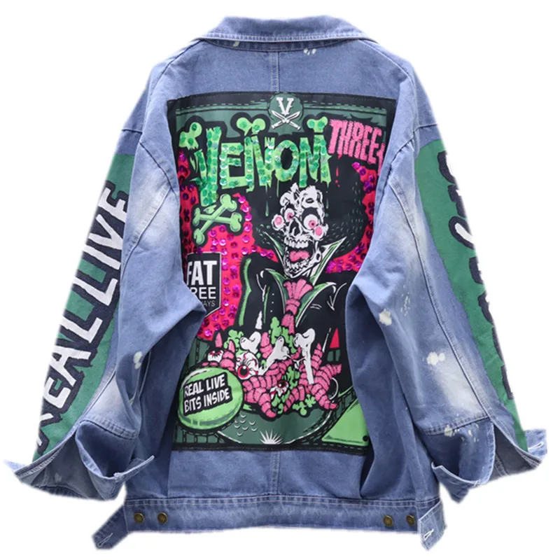 

Модная Свободная джинсовая куртка с блестками и принтом граффити, рваная джинсовая куртка в стиле бойфренда с дырками, хлопковое Женское па...