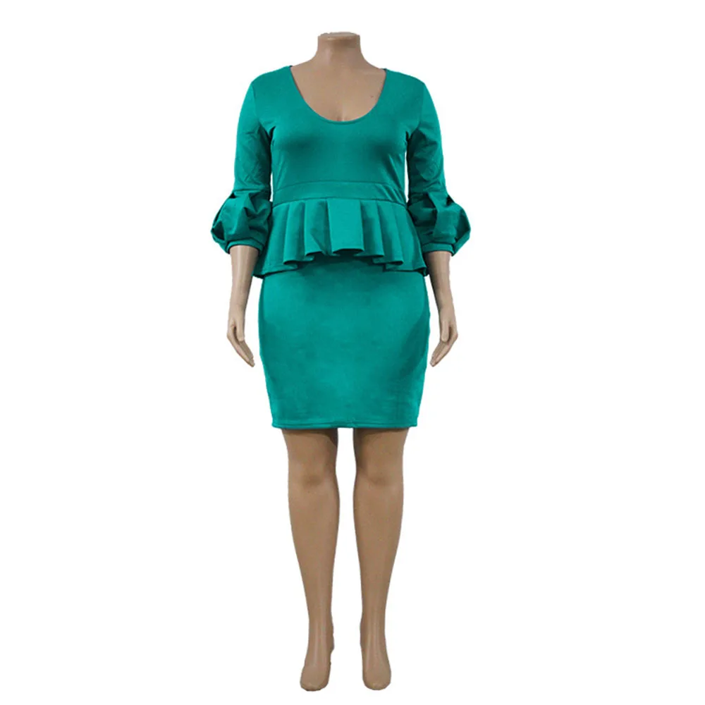 

New Plus Size Women Clothing Ruffle Solid Color Buttocks V-neck Lantern Sleeve Fashion Autumn 2021 Commute Europe America Dress