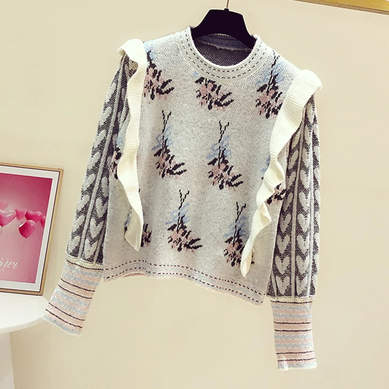 

Fashion Designer 2021 Autumn Winter Sweater Women Fashion Flowers Printed Ruffles Patchwork Loose Top