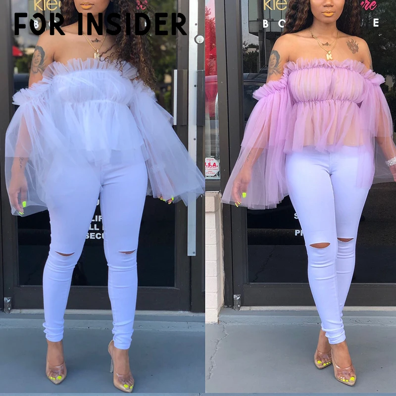 Элегантная сетчатая белая блузка с оборками женская рубашка длинным рукавом