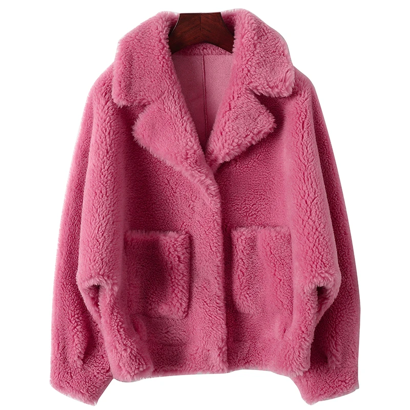 

2022 Autumn Winter Grain Sheep Shearling Jacket Female Short turn down collar Loose Lambs Wool Coat Womens Thicken Parka Outwear